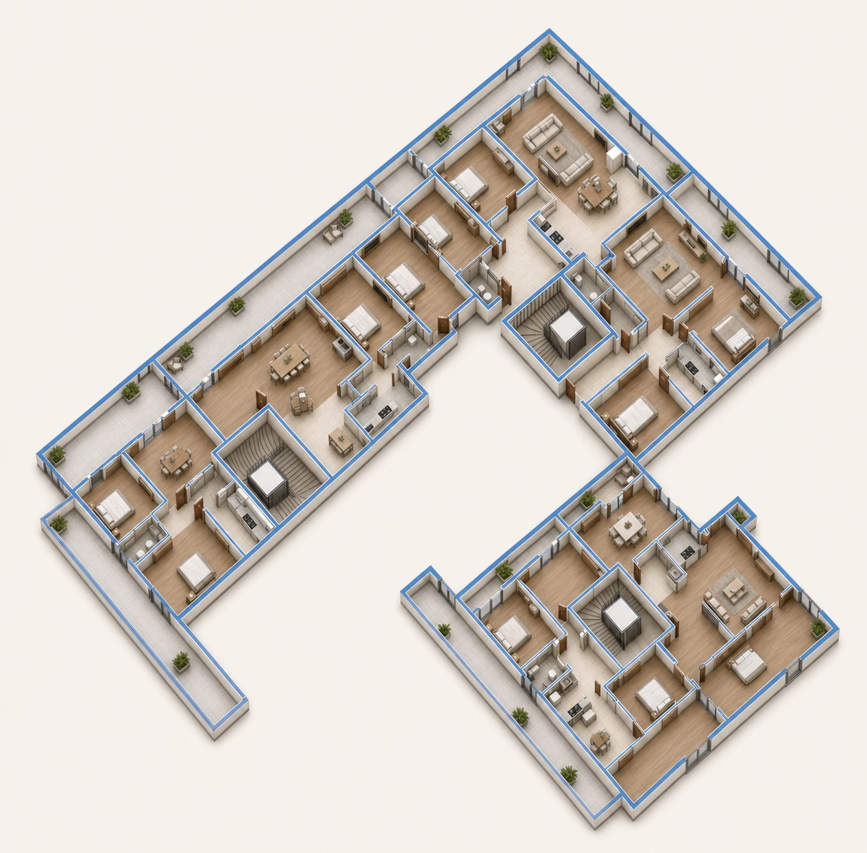 Maquette isométrique du quatrième étage reconstruite à partir du plan signé, avec ses trois ailes et ses six appartements