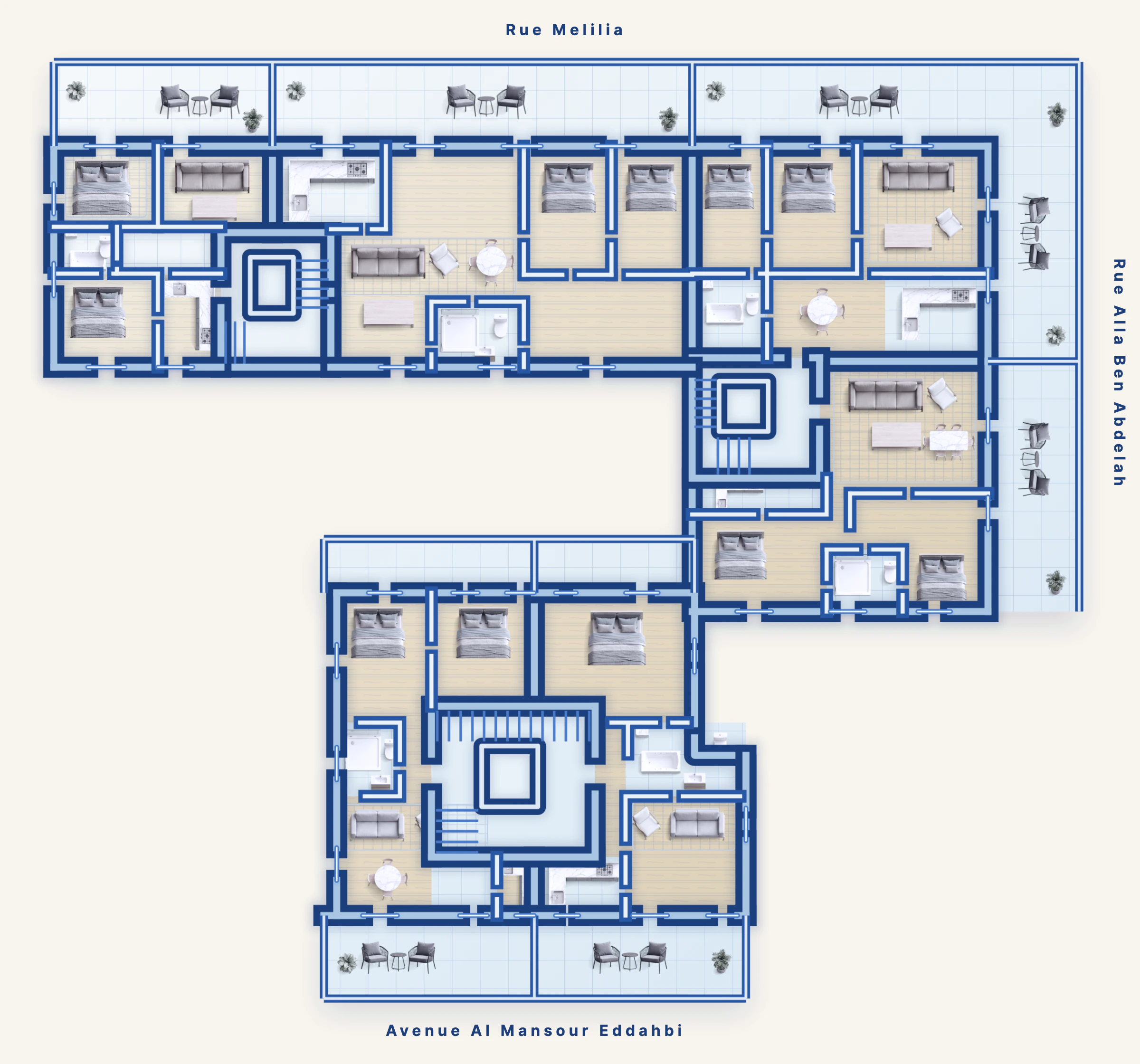 Vue orthographique meublée fidèle du quatrième étage, avec six appartements, trois noyaux de circulation, leurs pièces, leurs terrasses et un vide central ouvert